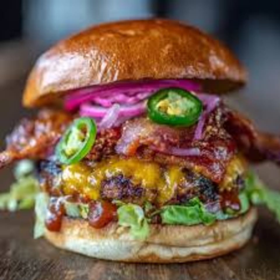 Kings Roadhouse Bar & Grill's juicy American burger with bacon, cheese, pickled onions, and jalapeños.