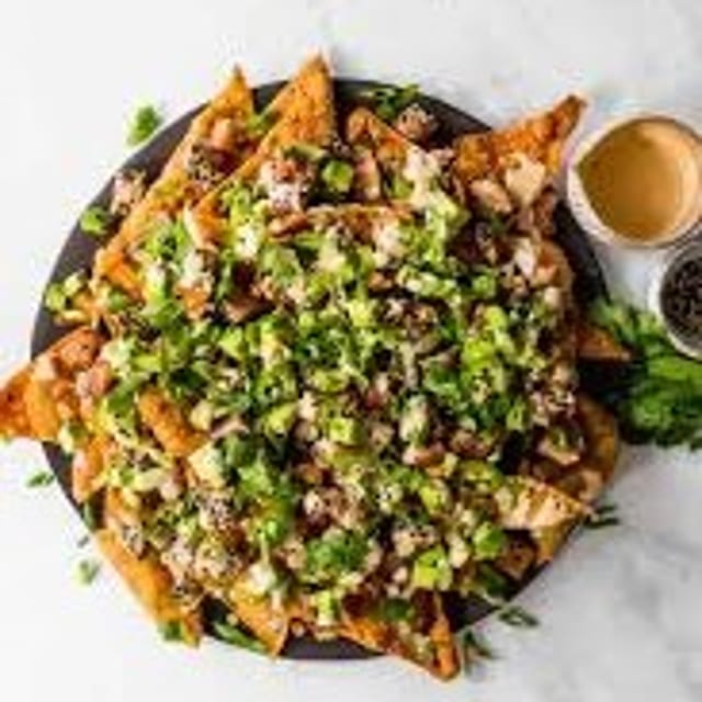 Pork Belly Avocado Wonton Nachos.