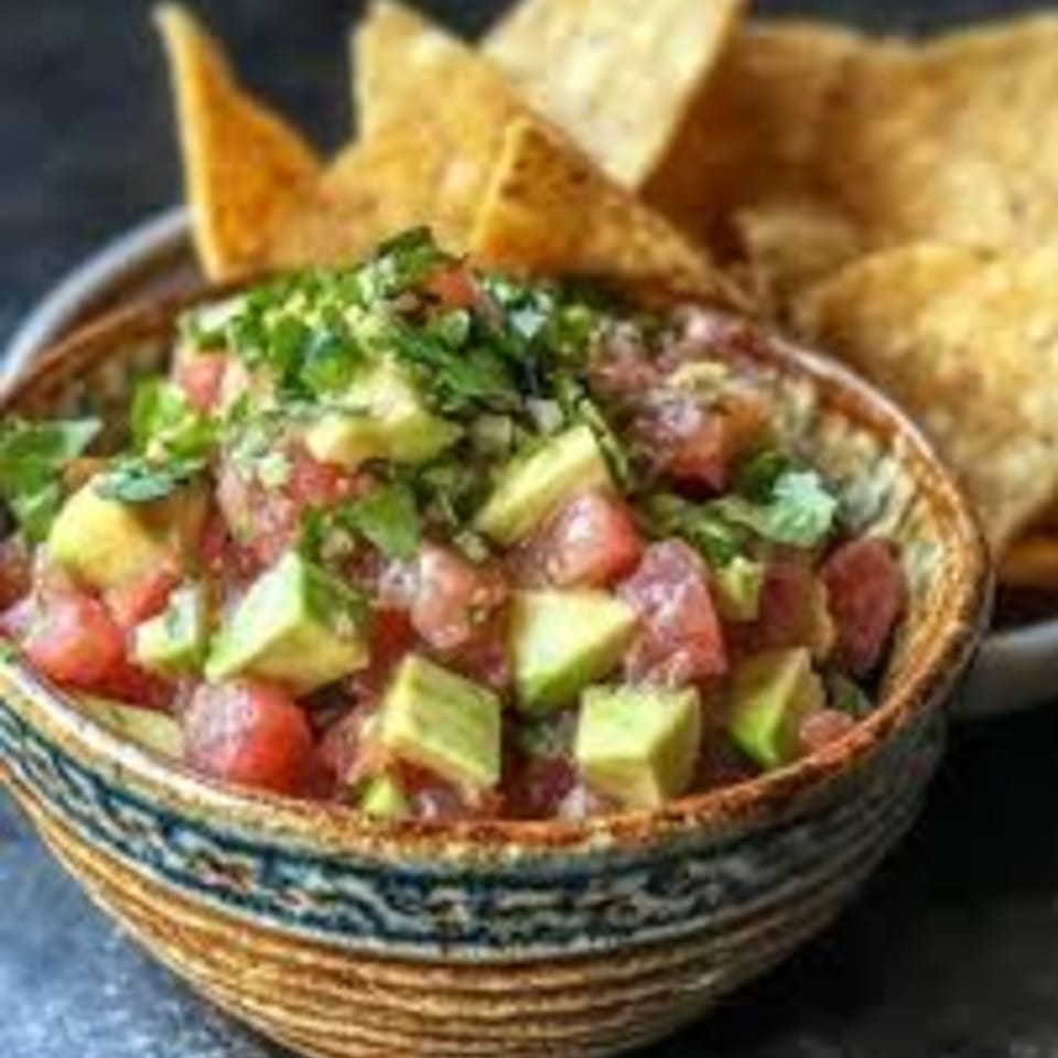 A bowl of fresh salsa with diced tomatoes, avocado, and cilantro, served with tortilla chips.