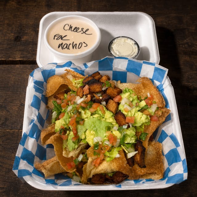 Pork Belly Avocado Wonton Nachos.