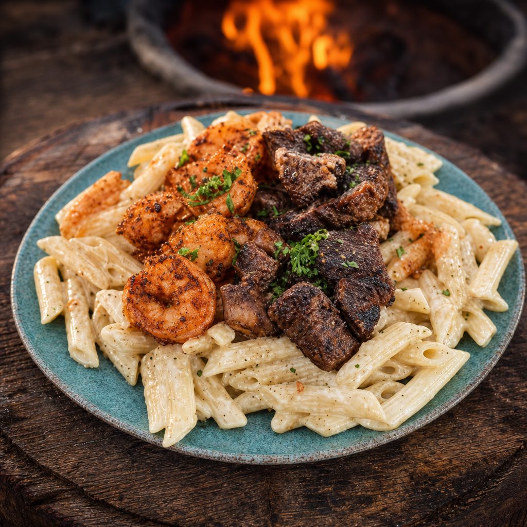 Surf & Turf Penne Alfredo.