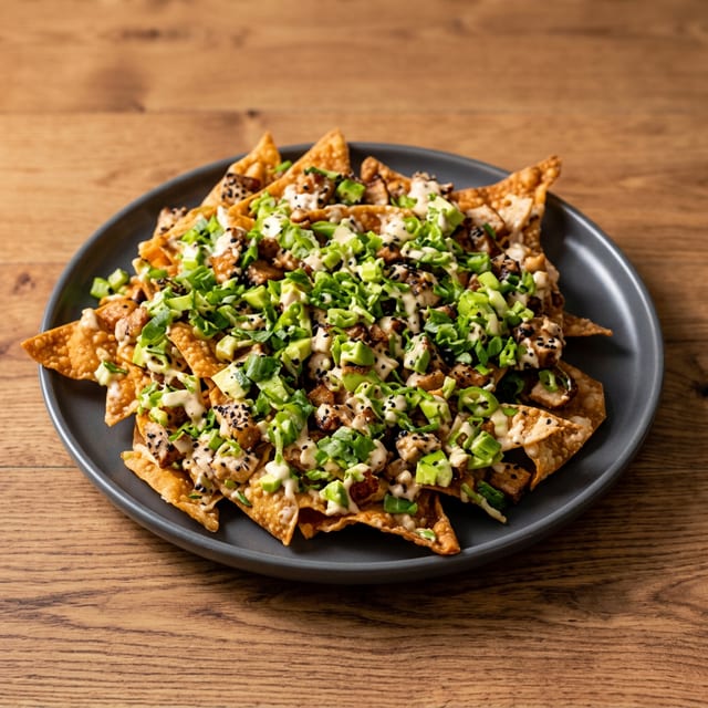 Pork Belly Avocado Wonton Nachos.