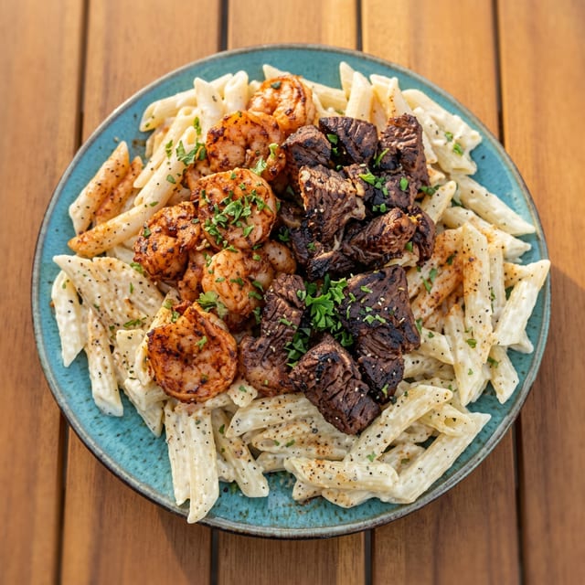 Surf & Turf Penne Alfredo.